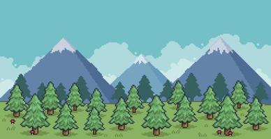 paisaje de arte de píxeles de bosque de pinos en las montañas fondo vectorial de 8 bits vector