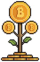 Pixel art bitcoin plant investment in cryptocurrencies vector icon for 8bit game on white background