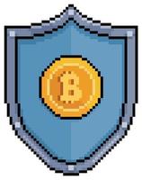 Pixel art shield bitcoin. Security in cryptocurrencies vector icon for 8bit game on white background