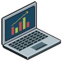 Pixel art laptop computer with graphics on the screen. 8 bit game item on white background vector