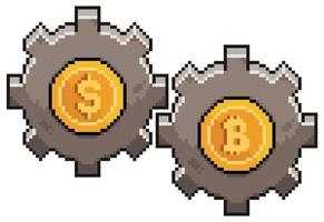 Pixel art money and bitcoin gear. Investment in cryptocurrencies vector icon for 8bit game on white background