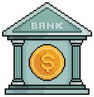 Pixel art Bank. Bank facade in classic style with coin vector icon for 8bit game on white background