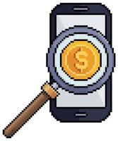 Pixel art earnings analysis with magnifying glass and cellphone vector icon for 8bit game on white background