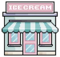 Pixel art old ice cream shop with awning vector build for 8bit game on white background