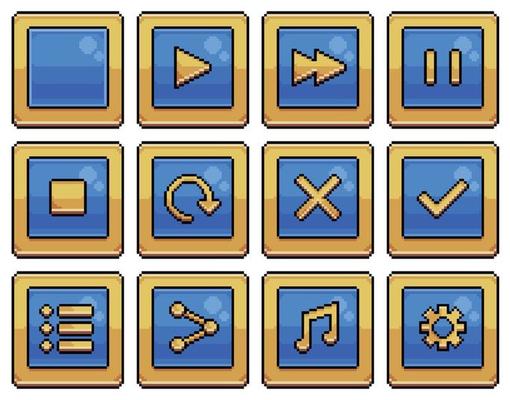 Pixel art blue square buttons for game interface and apps vector icon for 8bit game on white background