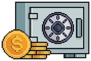 Pixel art safe box vault with gold coins with gold coins vector icon for 8bit game on white background
