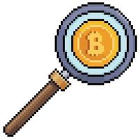 Pixel art magnifying glass analyzing bitcoin, investment in cryptocurrencies vector icon for 8bit game on white background