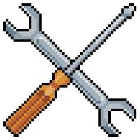 Pixel art screwdriver and wrench tools vector icon for 8bit game on white background