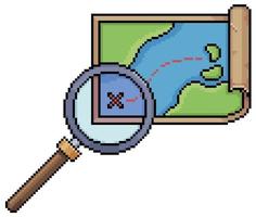mapa del tesoro de pixel art e icono de vector de lupa para juego de 8 bits sobre fondo blanco