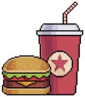 Pixel art burger and soda, x-burger fast food vector icon for 8bit game on white background