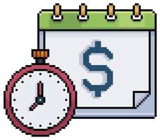 duración de la inversión en pixel art. icono de vector de calendario y cronómetro para juego de 8 bits sobre fondo blanco