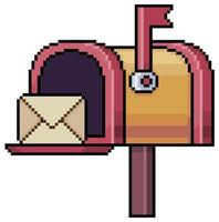 Pixel art red mailbox and letter vector icon for 8bit game on white background