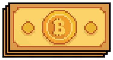 Pixel art bitcoin on paper golden banknote. Investment in cryptocurrencies. vector icon for 8bit game on white background