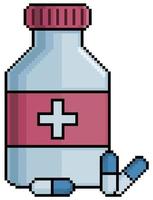 Pixel art medicine bottle with capsules vector icon for 8bit game on white background