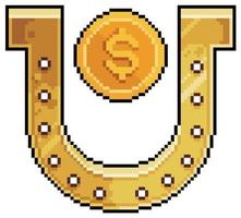 Pixel art horseshoe of luck. Horseshoe and gold coin vector icon for 8bit game on white background