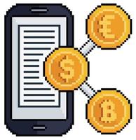 Pixel art mobile cryptocurrency exchange. buy crypto vector icon for 8bit game on white background