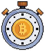 Pixel art bitcoin stopwatch. Investment in cryptocurrencies vector icon for 8bit game on white background