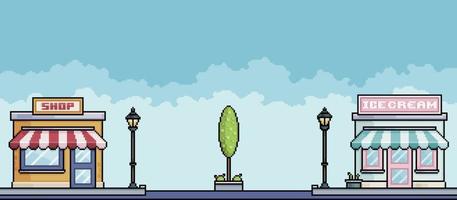 Pixel art shopping street with shops and avenue with lamp and trees. Cityscape background for 8bit game vector