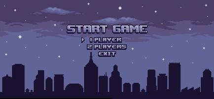 Pixel art city game home screen. Vector 8bit game background with sky, buildings, constructions