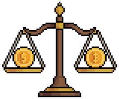 Pixel art scales with bitcoin and dollar. Investment in cryptocurrencies vector icon for 8bit game on white background