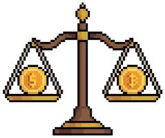 Pixel art scales with bitcoin and dollar. Investment in cryptocurrencies vector icon for 8bit game on white background