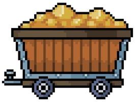 Pixel art mining cart with gold vector icon for 8bit game on white background