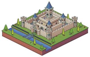 Pixel art isometric medieval castle vector icon for 8bit game on white background
