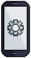 teléfono celular de arte de píxeles con icono de vector de icono de engranaje para juego de 8 bits sobre fondo blanco