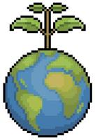 Pixel art earth with plant. Sustainable planet. Environmental Day vector icon for 8bit game on white background