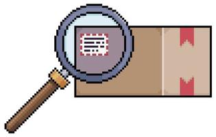 Pixel art packet analysis with magnifying glass. Parcel Inspection. Cardboard box, order vector icon for 8bit game on white background