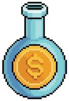 Pixel art potion of money. Potion pot with coin vector icon for 8bit game on white background