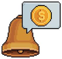 Pixel art money notification bell vector icon for 8bit game on white background