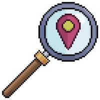 Pixel art magnifying glass searching GPS location vector icon for 8bit game on white background