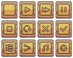 Pixel art wooden buttons for game and app interface vector icon for 8bit game on white background