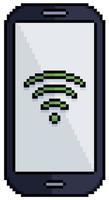 Pixel art mobile phone with wifi icon on screen vector icon for 8bit game on white background