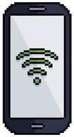 Pixel art mobile phone with wifi icon on screen vector icon for 8bit game on white background