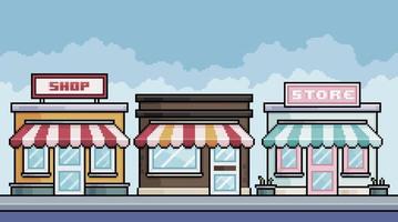 Pixel art shopping street with shops. Urban landscape. Cityscape background for 8bit game vector