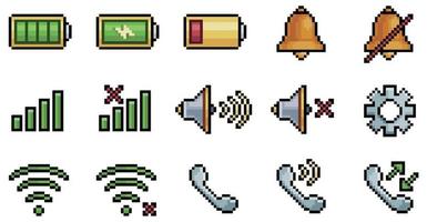 Pixel art mobile phone interface icons. Battery, bell, speaker, phone, wifi signal icon vector icon for 8bit game on white background