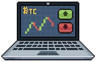 Pixel art bitcoin analysis, trading on notebook vector icon for 8bit game on white background