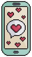 teléfono celular de pixel art con icono de vector de mensaje de amor para juego de 8 bits sobre fondo blanco