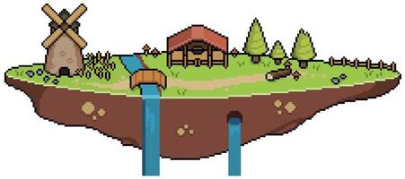 Pixel art island in the sky floating island backdrop for 8 bit game on white background vector