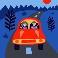 Happy man and woman travelling in car flat vector illustration