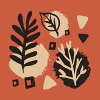 Simple vector art square poster on red background. Doodle line art branches and twigs with hand drawn leaves silhouette and abstract shape elements