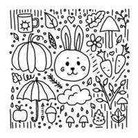 Cute rabbit autumn black and white doodle vector illustration