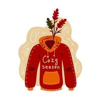 Cozy autumn doodle hoody sweatshirt with oak leaves and phrase vector