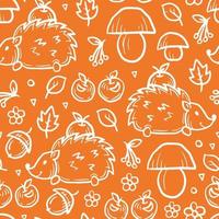 Hedgehog with apples and mushrooms childish doodle seamless pattern vector