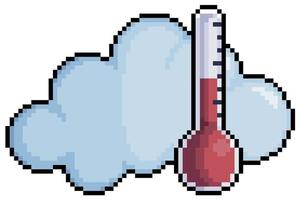 Pixel art cloud with thermometer. Weather forecast vector icon for 8bit game on white background