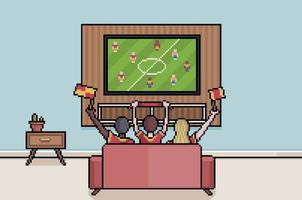 gente de pixel art y fanáticos viendo fútbol en la televisión de la sala de estar. Fondo de 8 bits de personas viendo la copa mundial de fútbol. vector