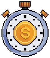 cronómetro de pixel art con moneda. icono de vector de tiempo de inversión para juego de 8 bits sobre fondo blanco