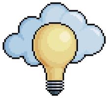 icono de vector de creatividad de bombilla y nube de arte de píxeles para juego de 8 bits sobre fondo blanco